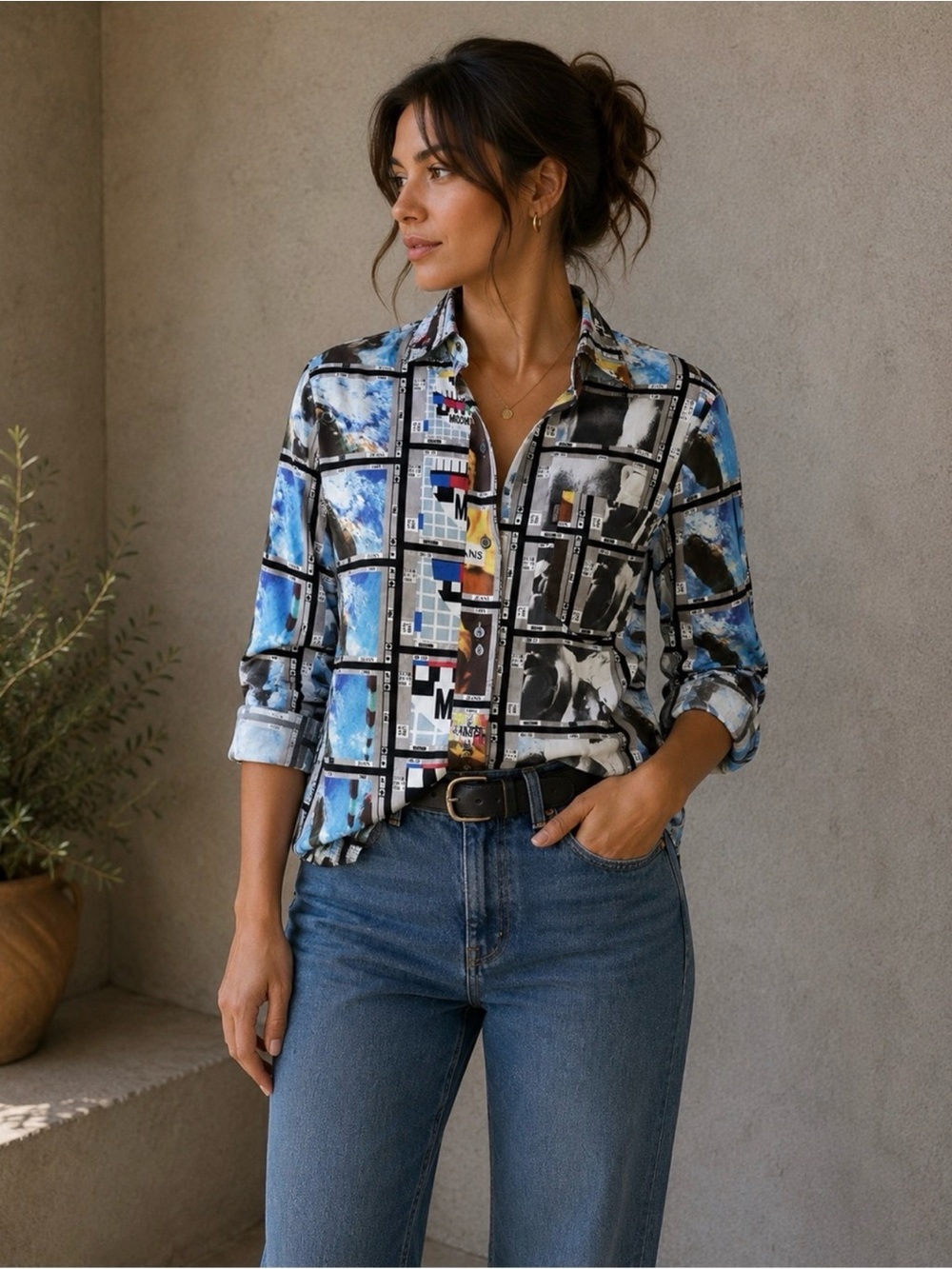 Vintage Moschino Blue & Black Abstract Grid Button-Down Shirt S/M